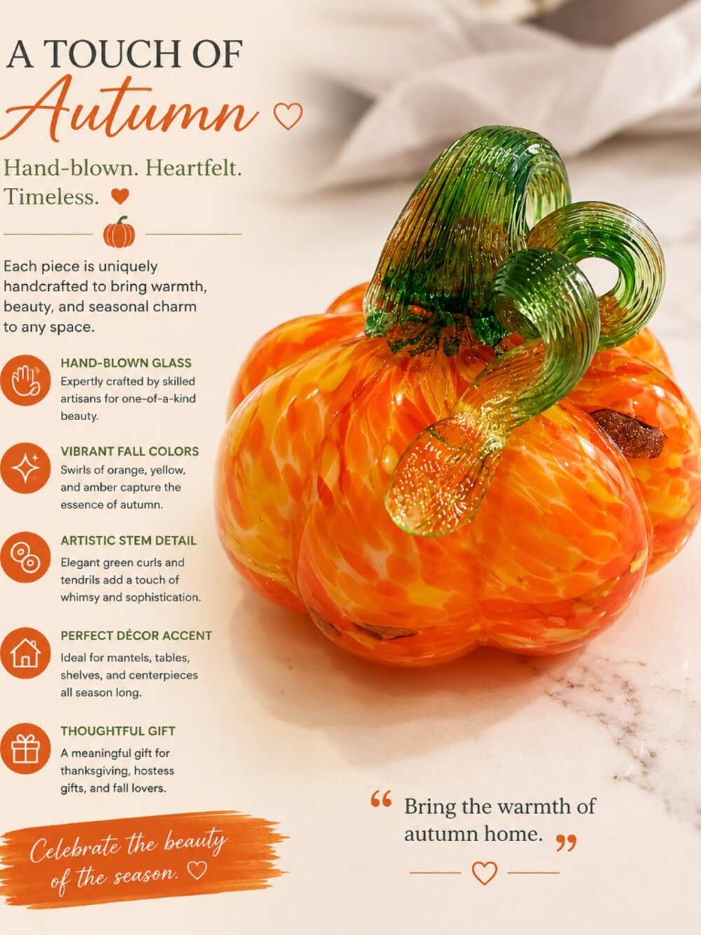 Vibrant Glass Pumpkin Sculpture - Orange and Green
